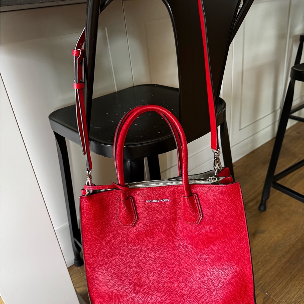Michael Kors Red Pebbled Leather Satchel with Detachable Strap